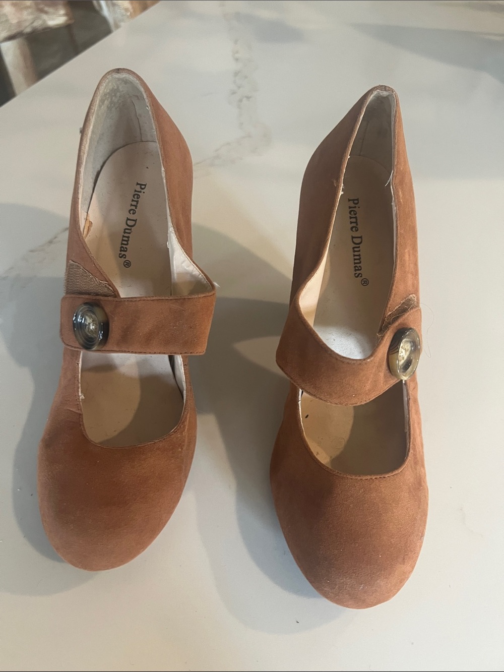 Pierre Dumas Cognac Suede Mary Jane Block Heels
